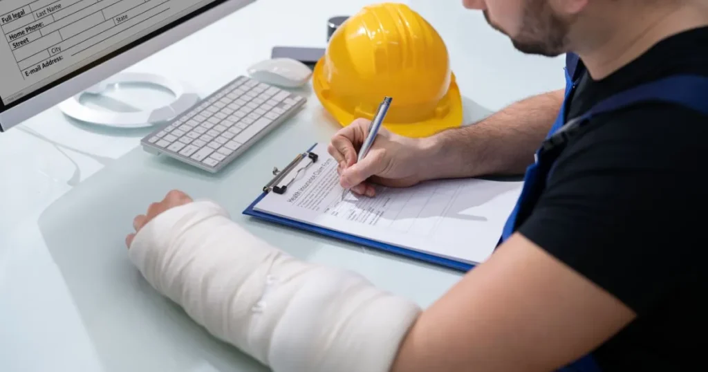 Injured construction worker filling out a workers compensation report.